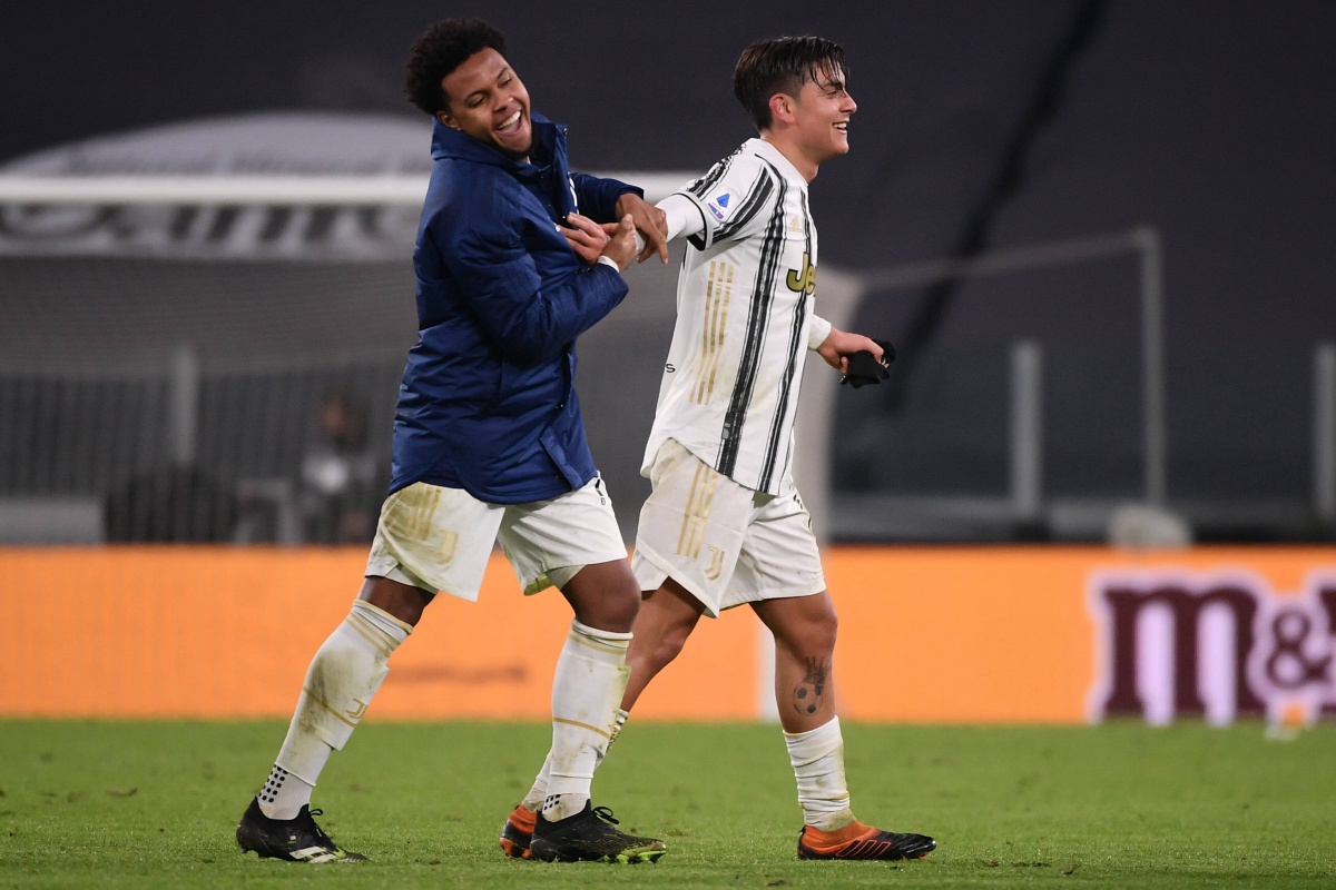 Paulo Dybala of Juventus FC celebrates with Weston McKennie at the end of the Serie A football match between Juventus FC