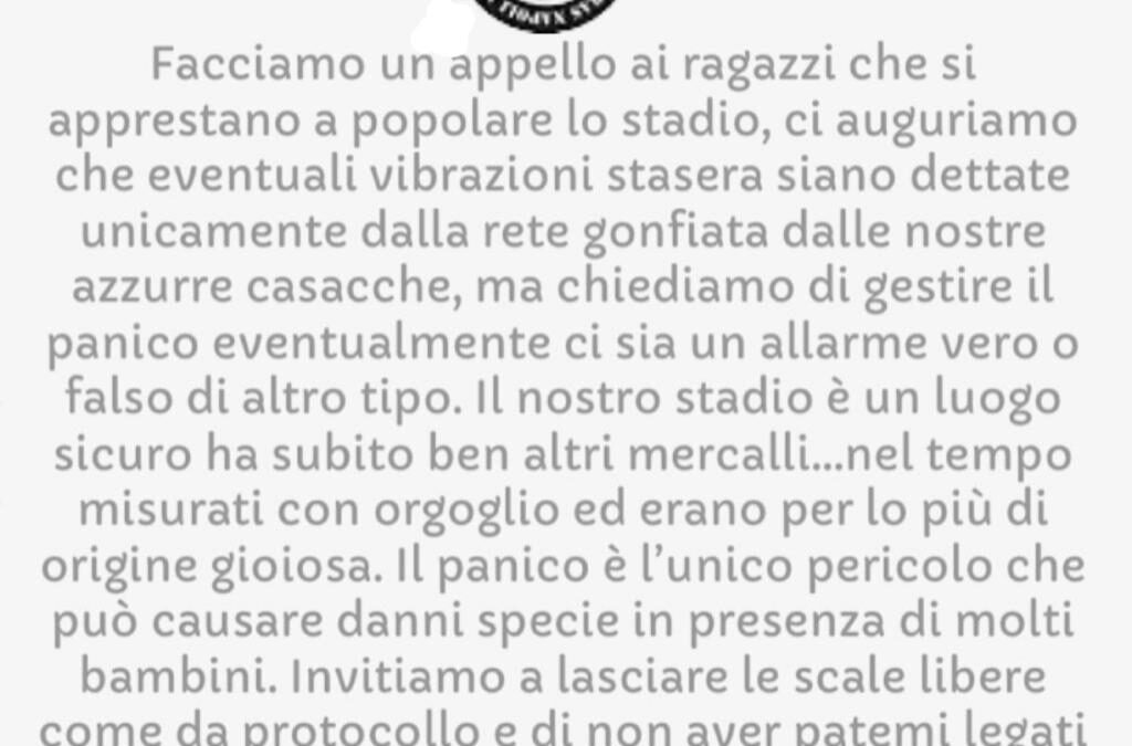 Ultras 72: “Panico unico pericolo, gestiamo eventuali allarmi senza patemi”